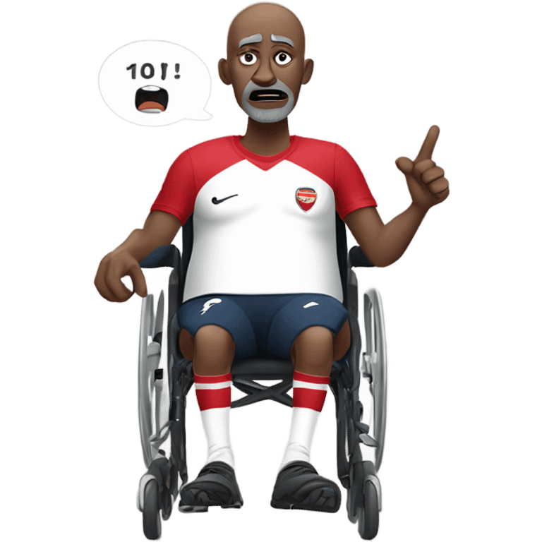 old black bald man with a round belly in wheelchair. angry face. grey stubble. he is pointing finger in front. wearing Arsenal soccer shirt. a speech bubble with the word: "Mojdeh!" emoji