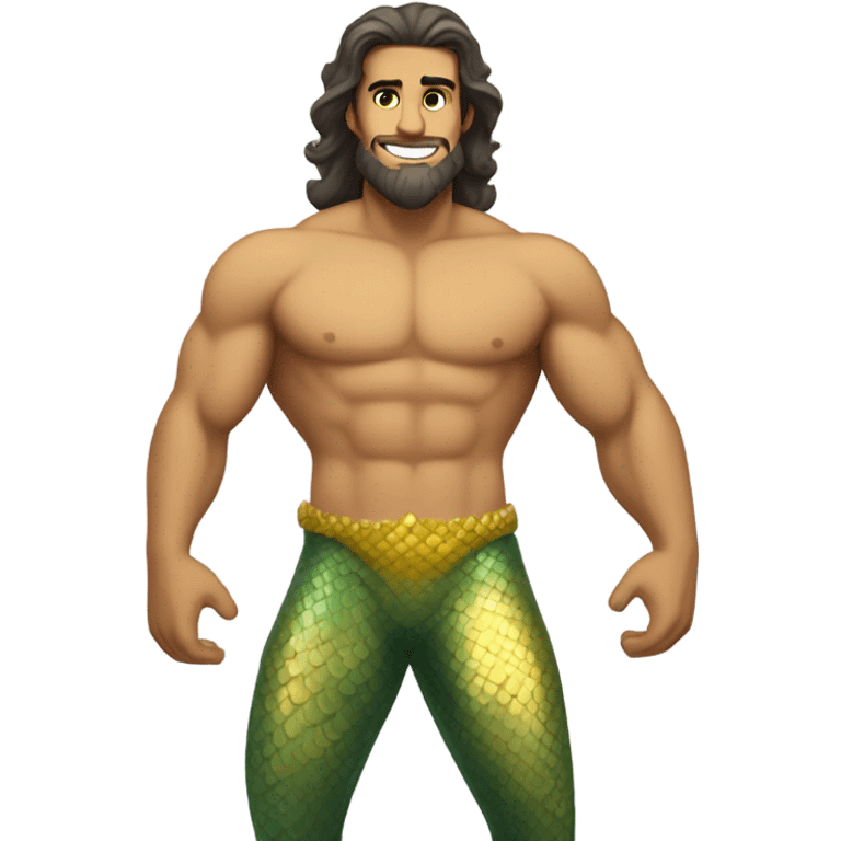 Tan muscular merman with yellow mermaid tail, dark hair and stubble  emoji