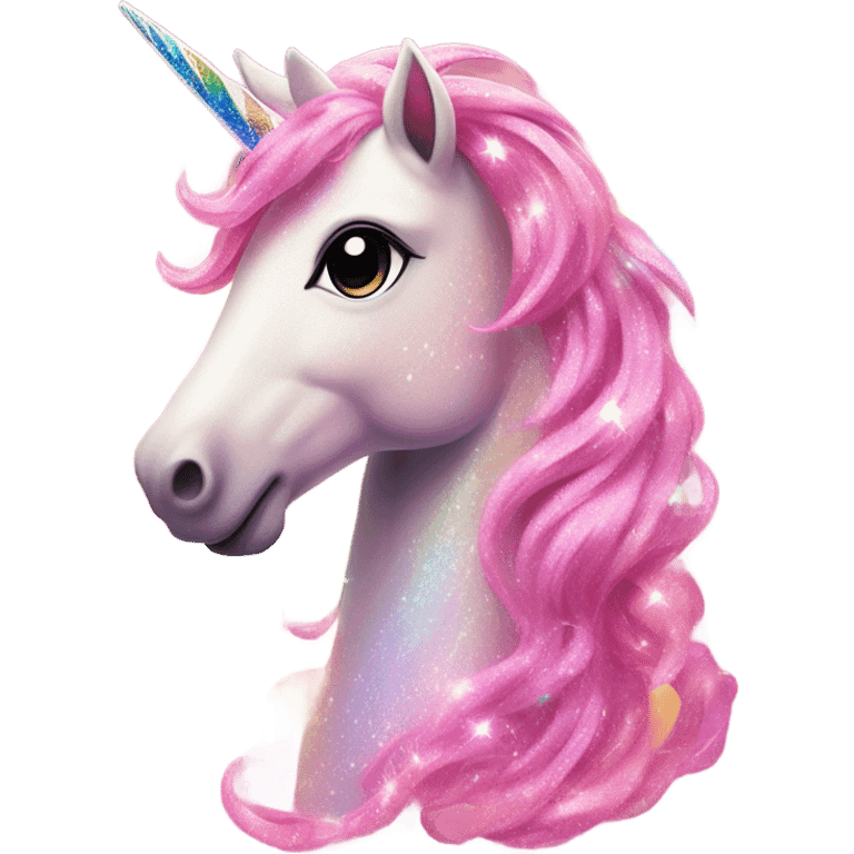 Sparkly pink unicorn with a rainbow emoji