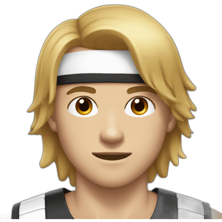 a 17-year-old boy with long, dark hair cut in a bob", with a black sports bandage on his forehead. Light mustache on his face  emoji