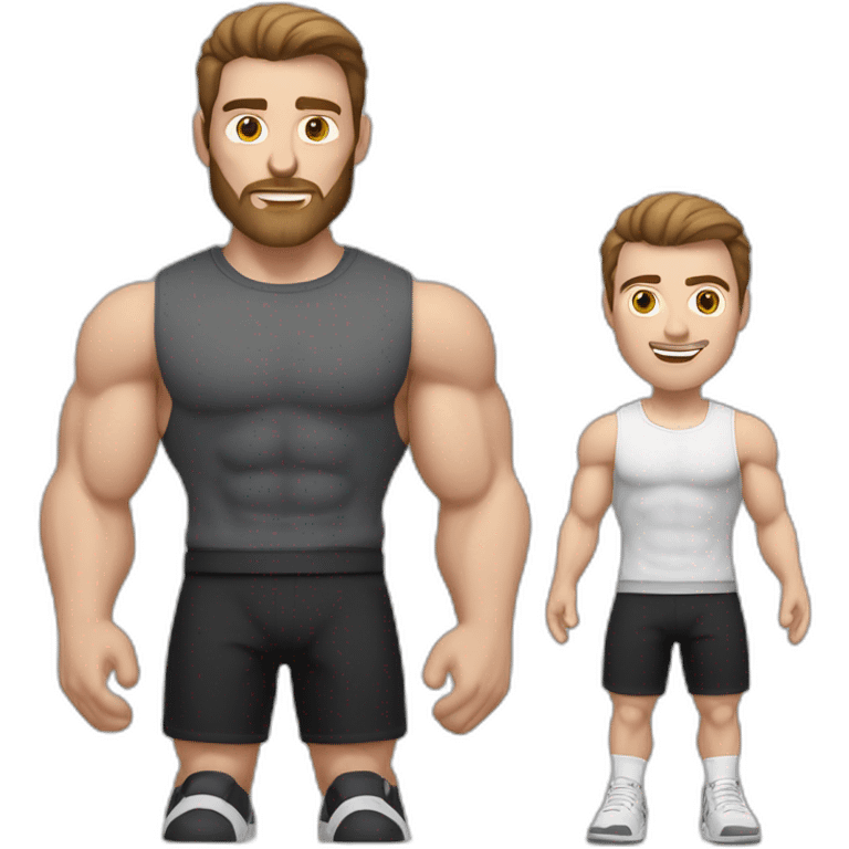 Close up Actively gesturing  with hands Pale skinned Fit Man With the biceps and brown hair in dark gray Sleeveless Mike, black oversize sports shorts, watch and white Sneakers emoji