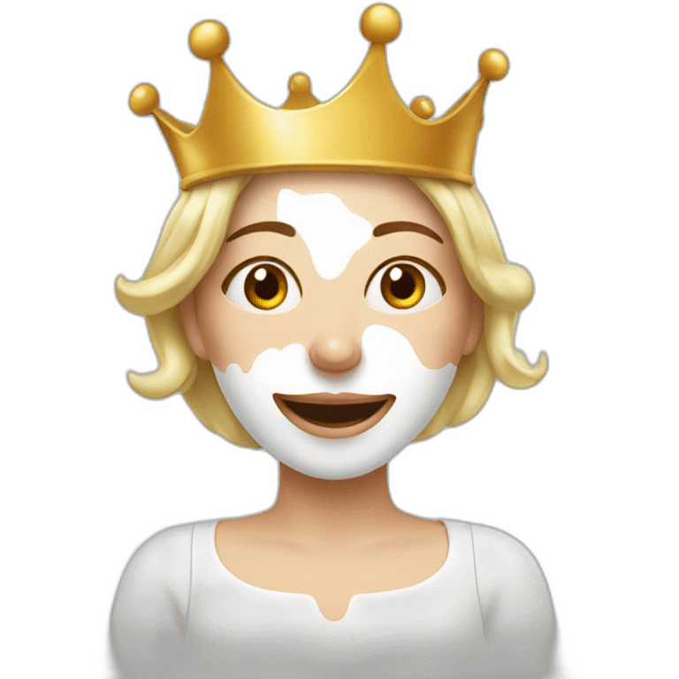 Woman with milk spilled on her face with satisfactory expression and crown emoji