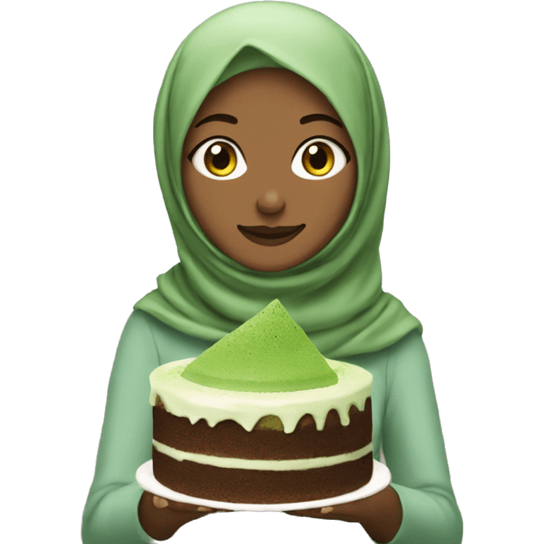 Girl with hijab eating matcha cake emoji