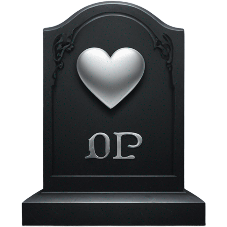 a black tombstone with the inscriptions in silver RIP and a silver heart in the center emoji