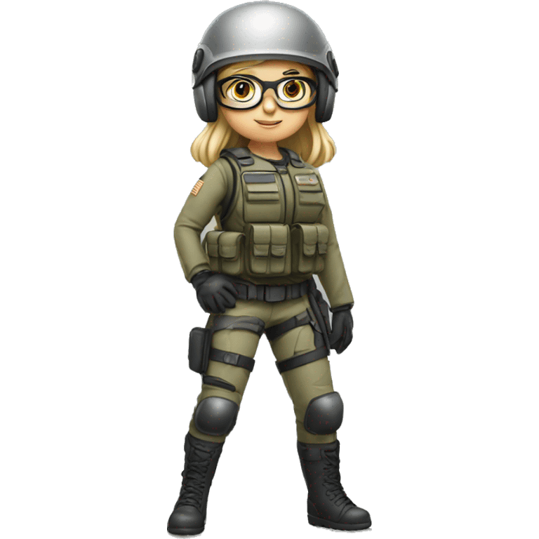 girl, 30 year, blondish/greyish, helmet, glasses with small frame, full body, army, ready to fight, with dog emoji