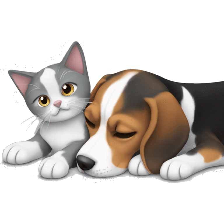 Beagle snuggling with grey cat emoji