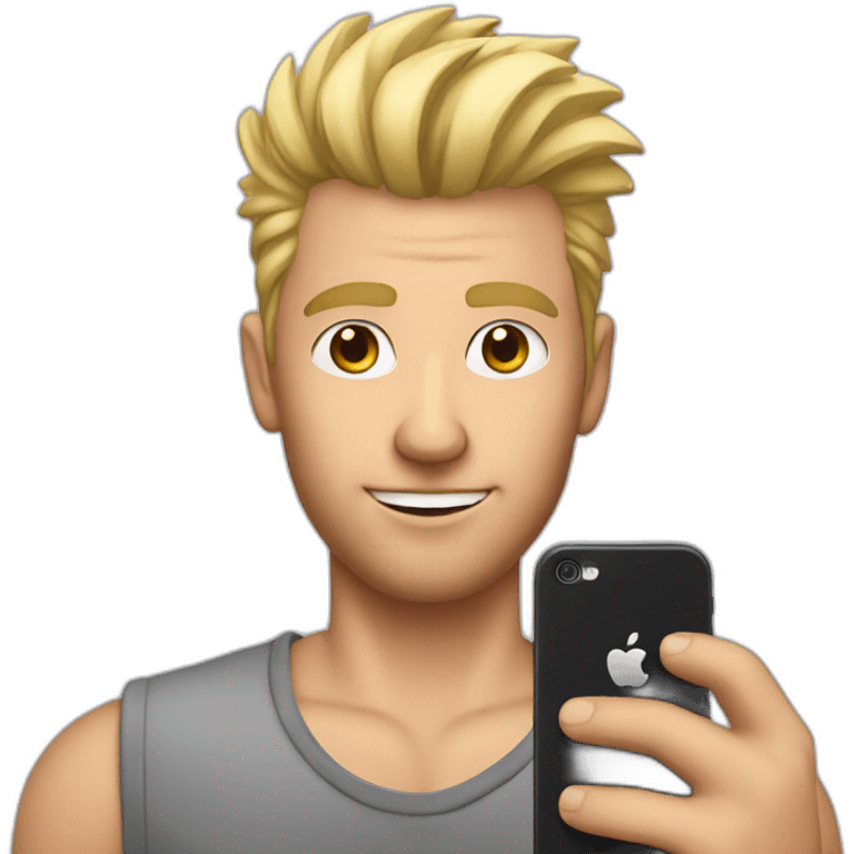 Blonde man with faux hawk hair holding iPhone in hand emoji