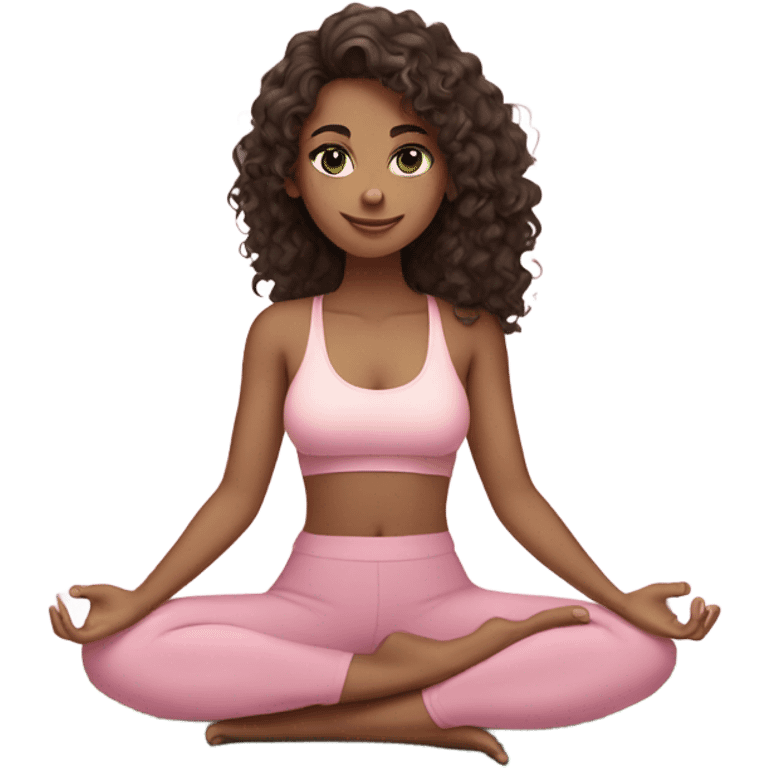 Dark brown long curly hair and green eyes yoga beautiful young woman in light pink pink pink clothes sitting on a yoga mat emoji