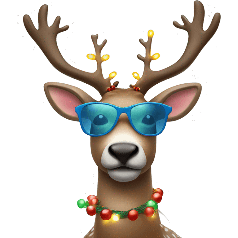 A reindeer  with cool shades and Christmas lights decorations on their antlers  emoji