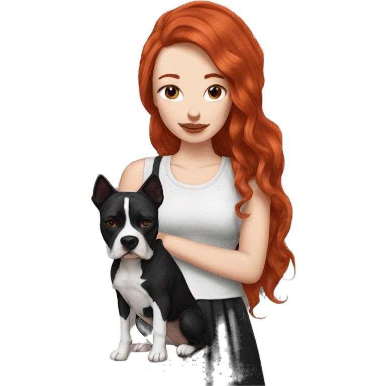 Long Red haired woman with septum piercing holding black and white English Staffordshire dog emoji