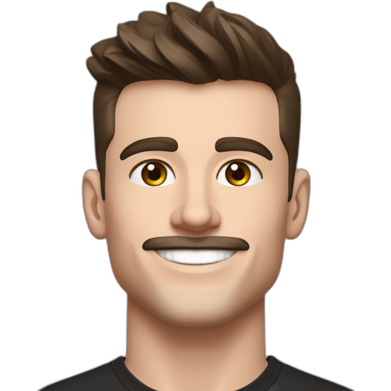 Mason mount 30 year old Silicon Valley designer smiling with stubble and mustache in a black tshirt with broad shoulders profile photo hair fade undercut emoji