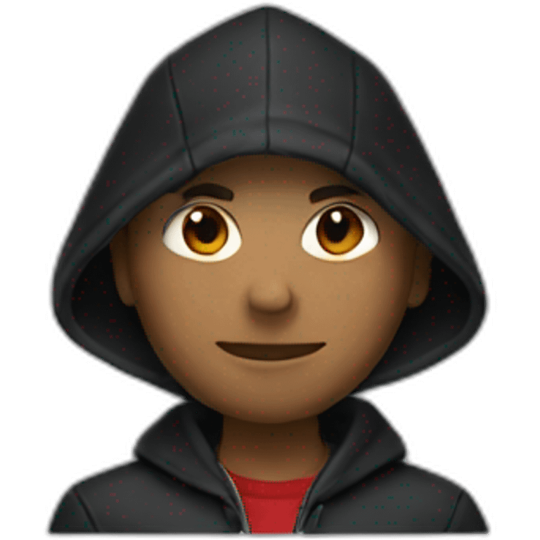 a dark hood with an black jacket and red shirt emoji