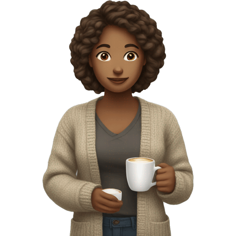 A young woman wearing cardigan and siping coffee emoji