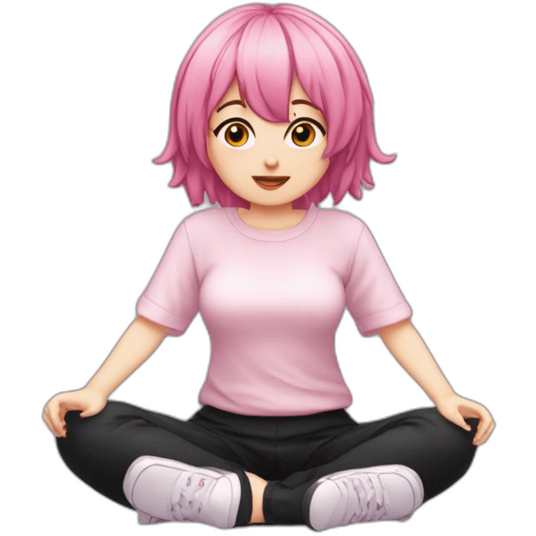 Full body Front view curvy emo girl pink hair sits on the floor straight view hands up black skirt белые трусики полосатые рваные чулки emoji