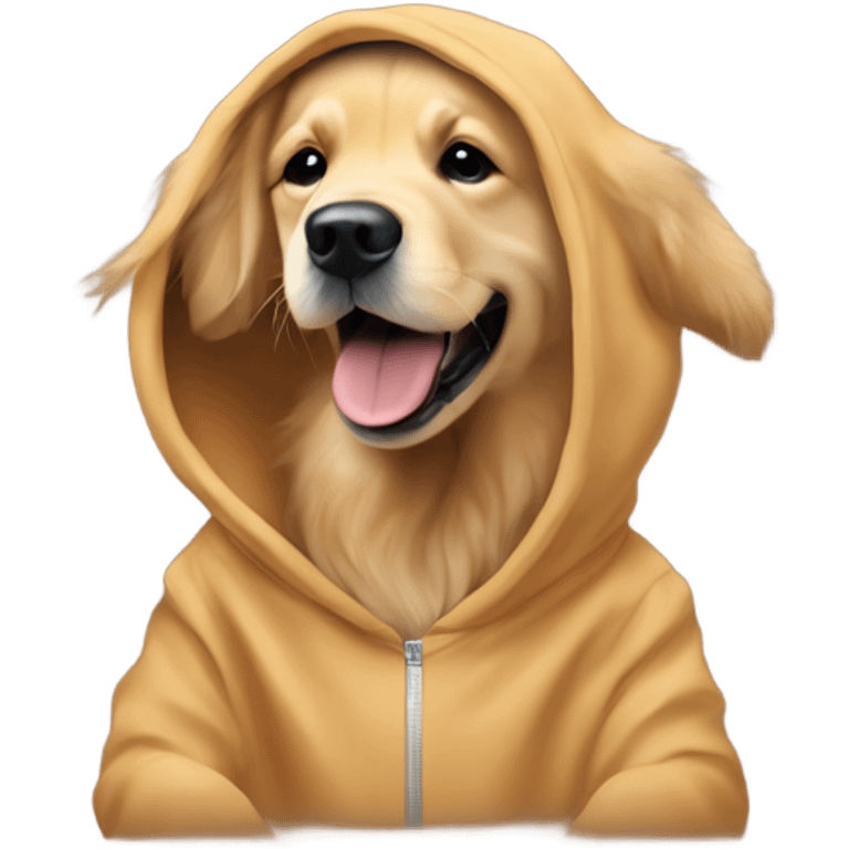 Golden retriever in a camel hoodie dancing ￼ emoji