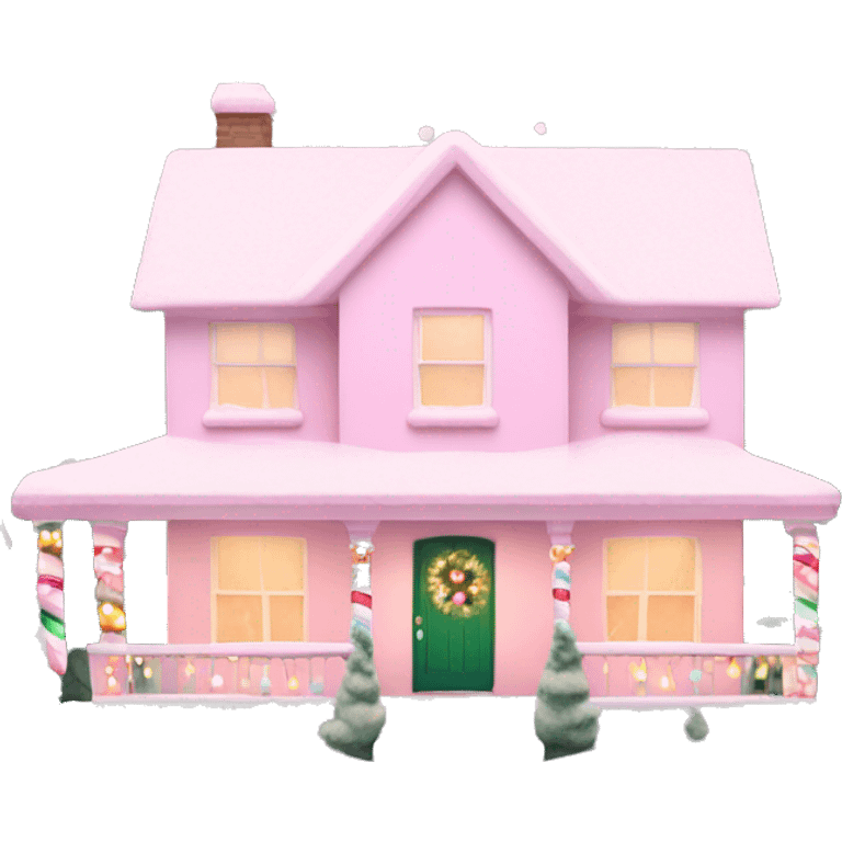 Pastel pink Christmas house with Christmas lights and evergreen trees emoji