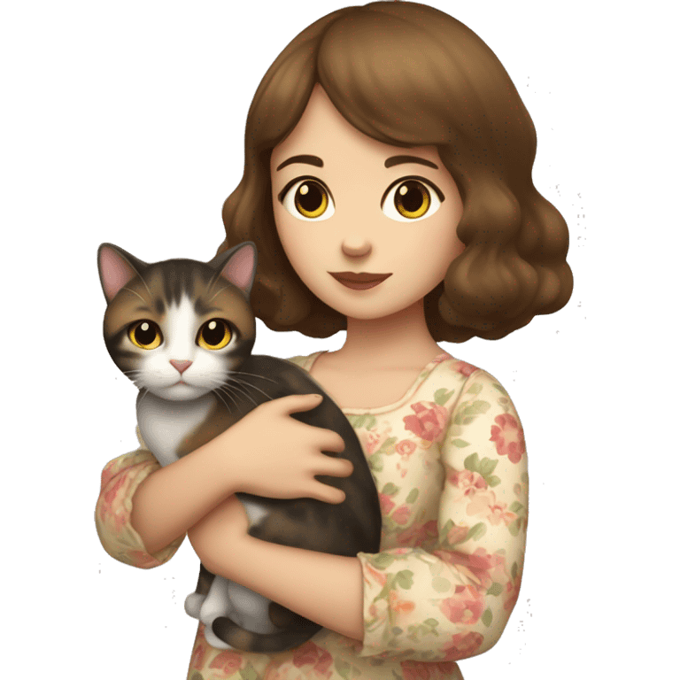 A girl with white skin, brown hair with bangs, wearing a floral dress, holding a calico cat in her arms  emoji