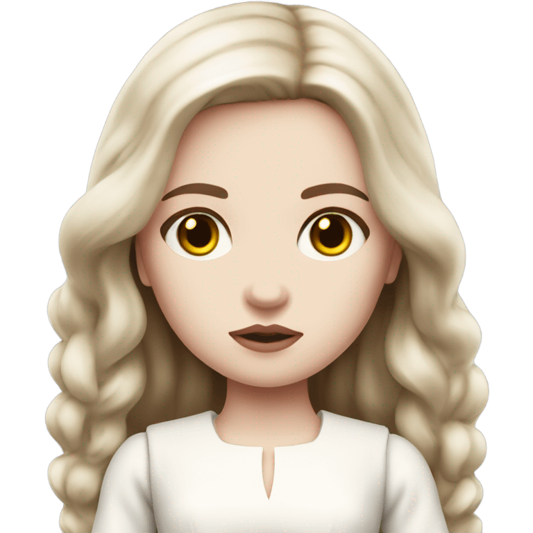 Doll with brown straight hair, wearing a white dress and a serious expression. She has pale skin and a classic porcelain doll appearance, looking terrifying. emoji