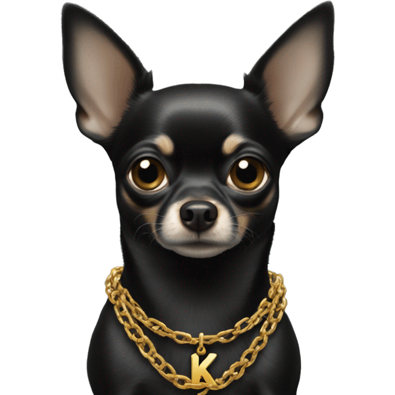 Full image of Black chihuahua wearing golden chain with letter k emoji