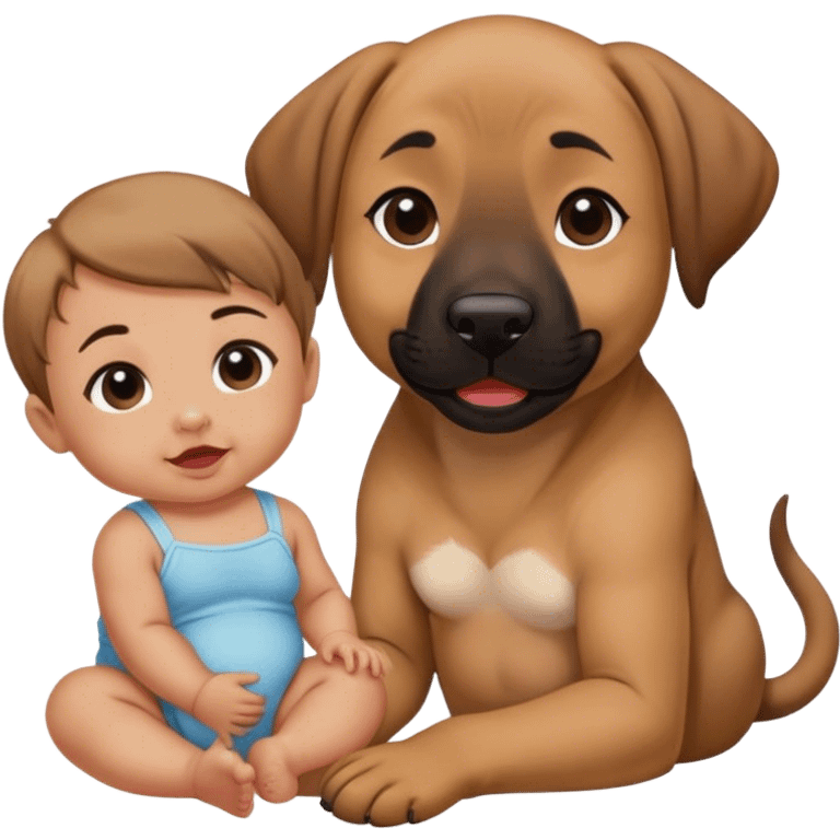 Black mouth cur sitting next to a baby with dimples and brown hair emoji