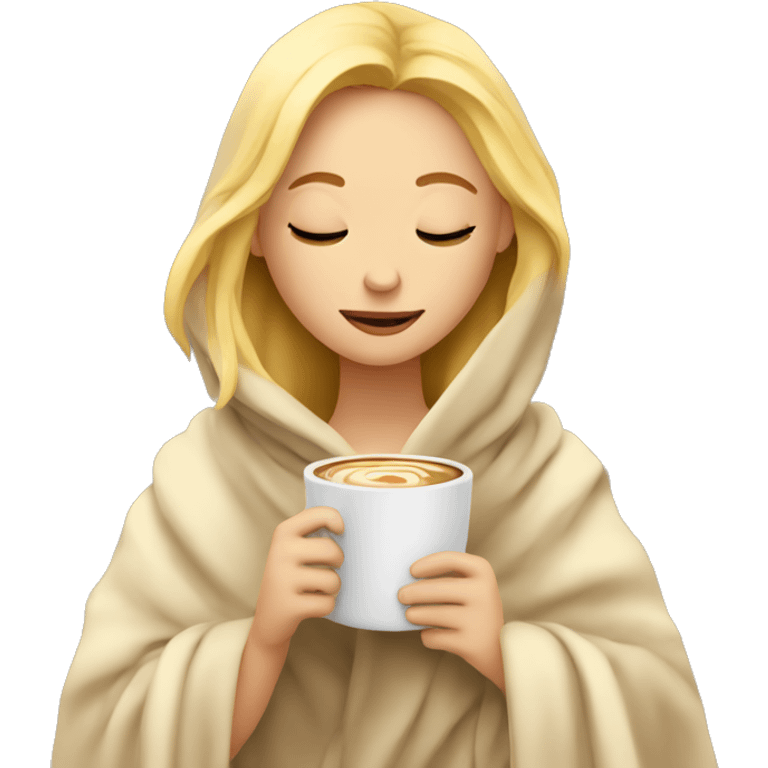 Blonde girl inside a blanket sipping coffee eyes closed emoji