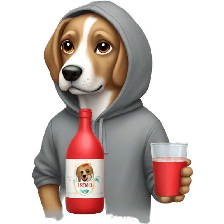 Dog wearing a grey hoodie holding a tequila bottle and a red cup on the other hand  emoji