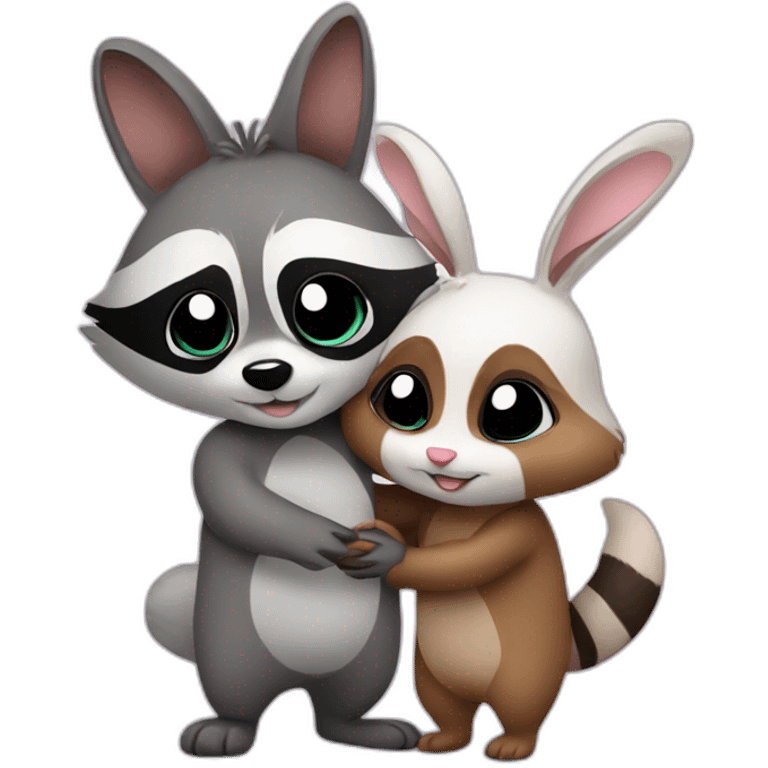 Raccoon couple hug with bunny emoji