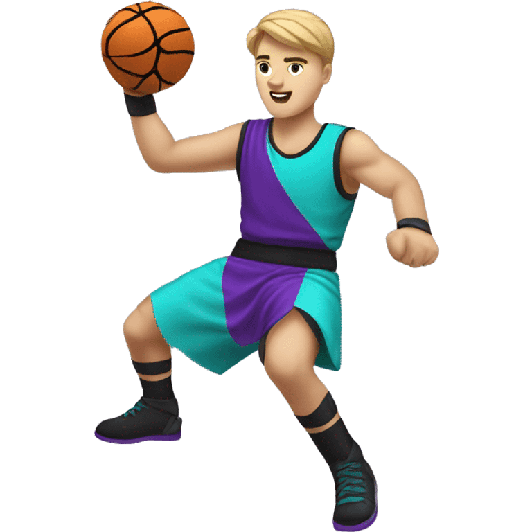 Caucasian youth gladiator playing basketball wearing purple black and aqua emoji