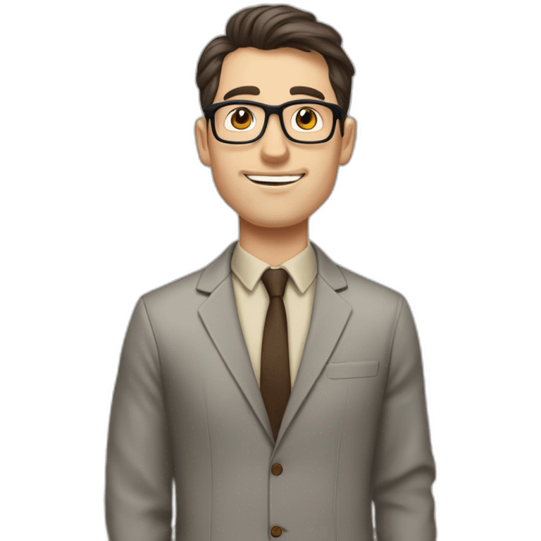 Pale skinned fit man with dark brown hair in gray jacket, beige office shirt, brown tie, brown pants and vintage glasses Writing text on a marker board emoji