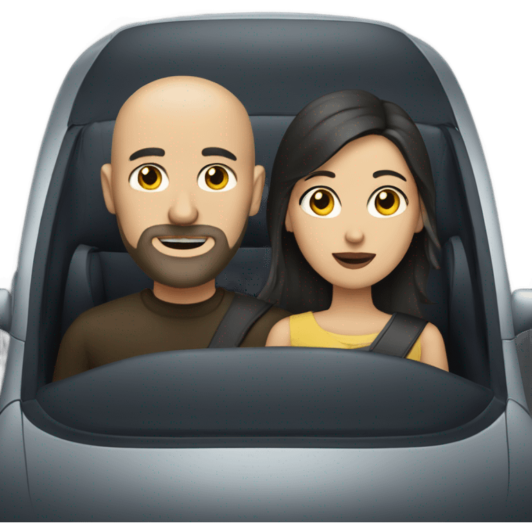 Bald man with beard and dark haired woman in a dark car emoji