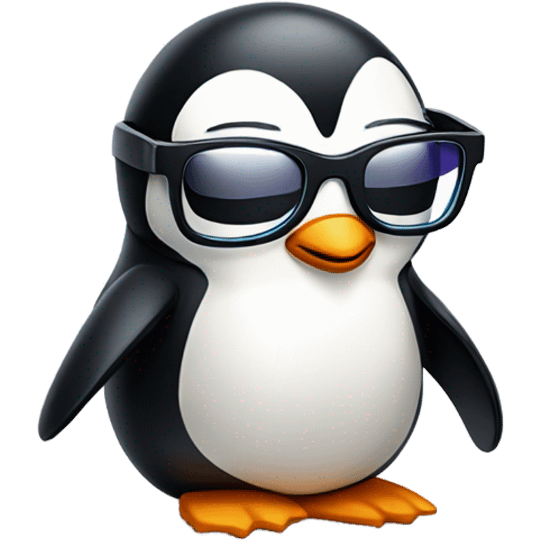 A penguin doing poop while wearing a cool glasses emoji