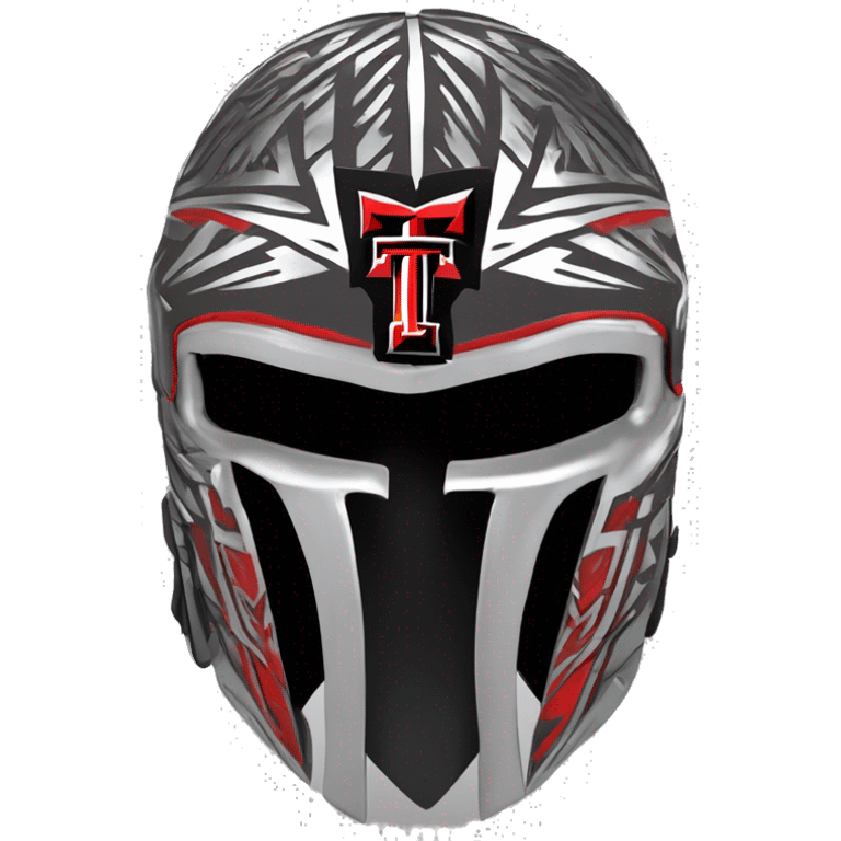 Texas-tech-red-raiders tribal artwork covered  T logos in gunmetal on battle helmet  huge punk Mohawk viking multi  color Logo T in hint of shiny silver 3d emoji