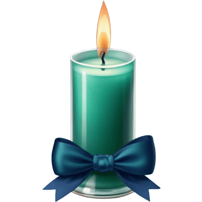 A vintage-inspired still life featuring a glass candle in a deep emerald shade, placed beside a delicate navy blue bow. emoji