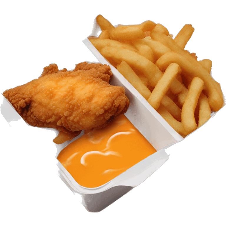 3 chicken tenders with crinkle fries and orange sauce on the side in a styrofoam container styrofoam container emoji