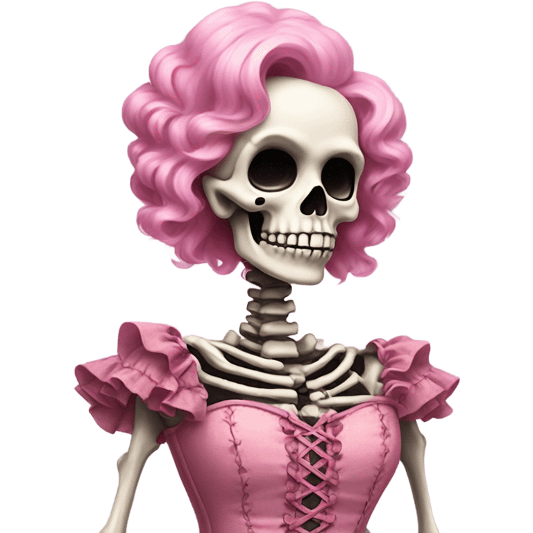 Skeleton wearing a pink laced corset top with ruffles  emoji