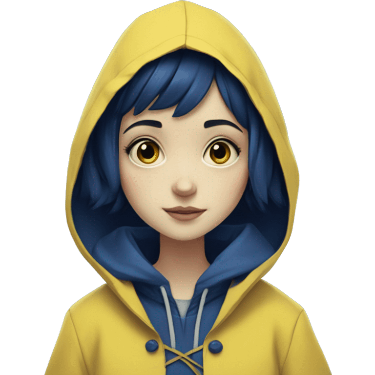 Coraline in yellow raincoat cute girl dark blue short hair lolita emoji