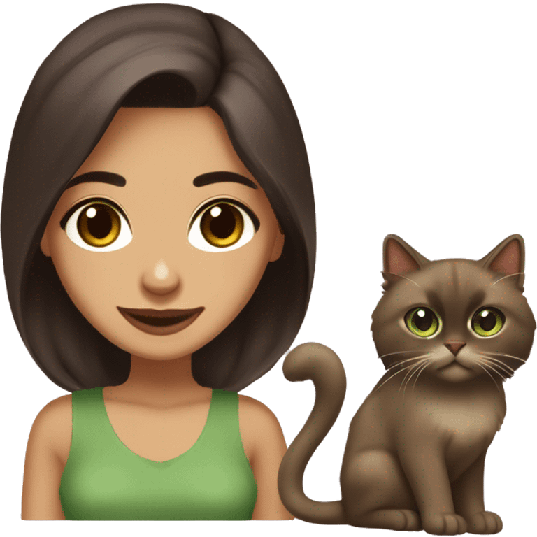 Pretty Persian girl with big brown eyes, lighter olive skin with medium length dark brown hair and full lips smiling, holding her brown ragdoll/siamese cat with a darker brown face and big green eyes  emoji