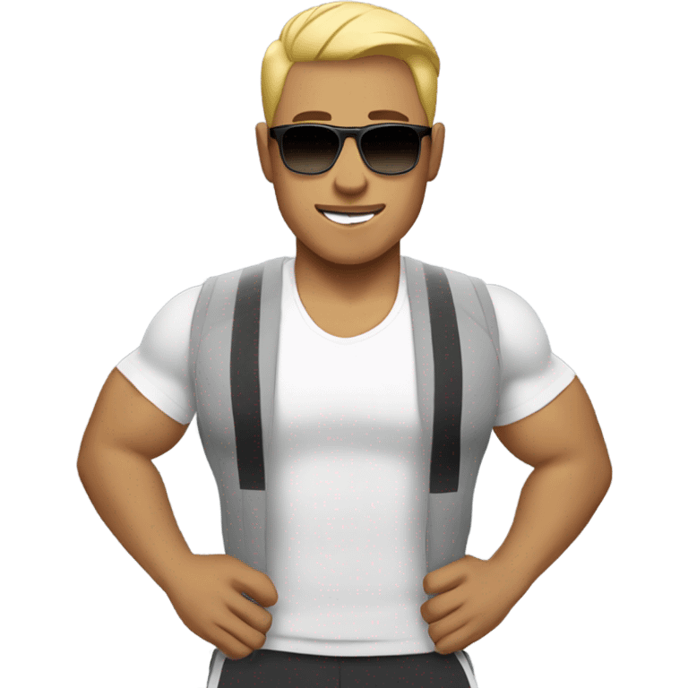 strong asian personal trainer short golden hair with sunglasses white vest emoji