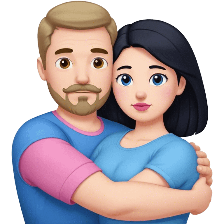 Tall strong white man with brown mustache goatee wearing blue hugging a chubby short pale woman with long black hair wearing pink emoji