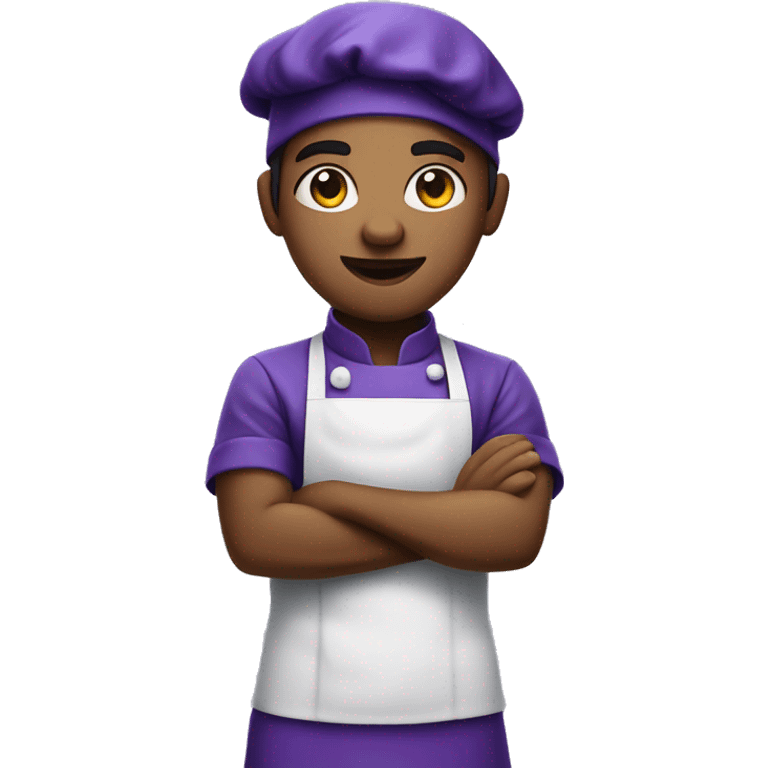 A tied hair and cool looking young chef with a cap, and apron, blue and purple colors emoji