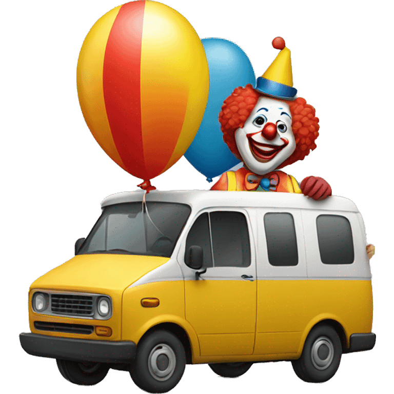 A clown in a van with a ballon emoji