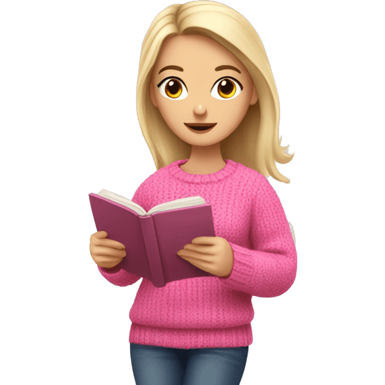 Pretty white girl with pink sweater reading cozy emoji