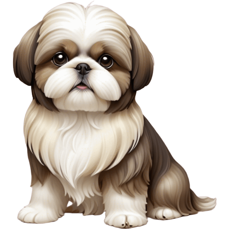 Cinematic Noble Shih Tzu Portrait Emoji, Poised and elegant, with a luxurious, flowing fur in refined muted tones, delicate features and wise, gentle eyes, simplified yet meticulously detailed, glowing with a soft, regal radiance, high shine, exuding quiet dignity and timeless charm, soft glowing outline, capturing the essence of a noble Shih Tzu that epitomizes refined poise! emoji