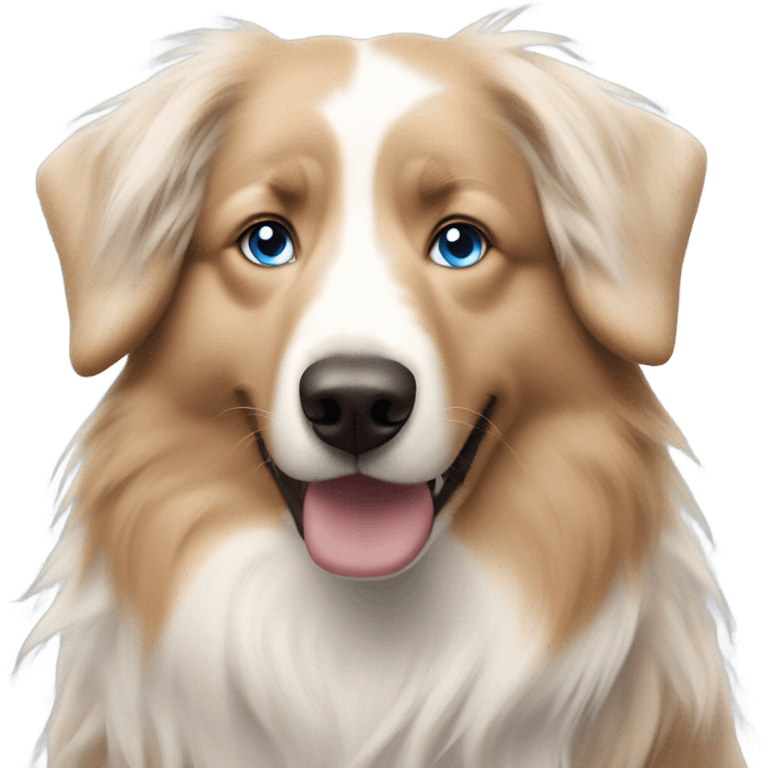 woman with blue eyes and long straight blonde hair is holding a very fluffy australian shepherd  emoji