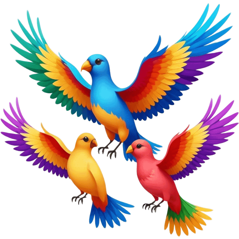 Three colorful birds flying together in the sky, each with vibrant feathers, wings spread wide, moving in harmony and creating a lively, joyful scene emoji