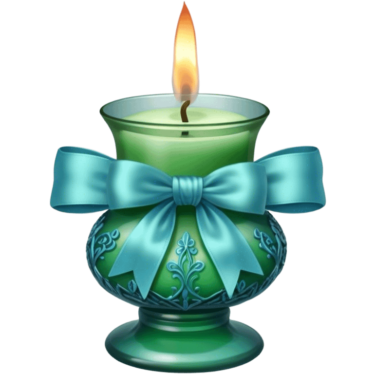 A soft blue candle in an ornate green glass holder, tied with a delicate satin blue bow. emoji