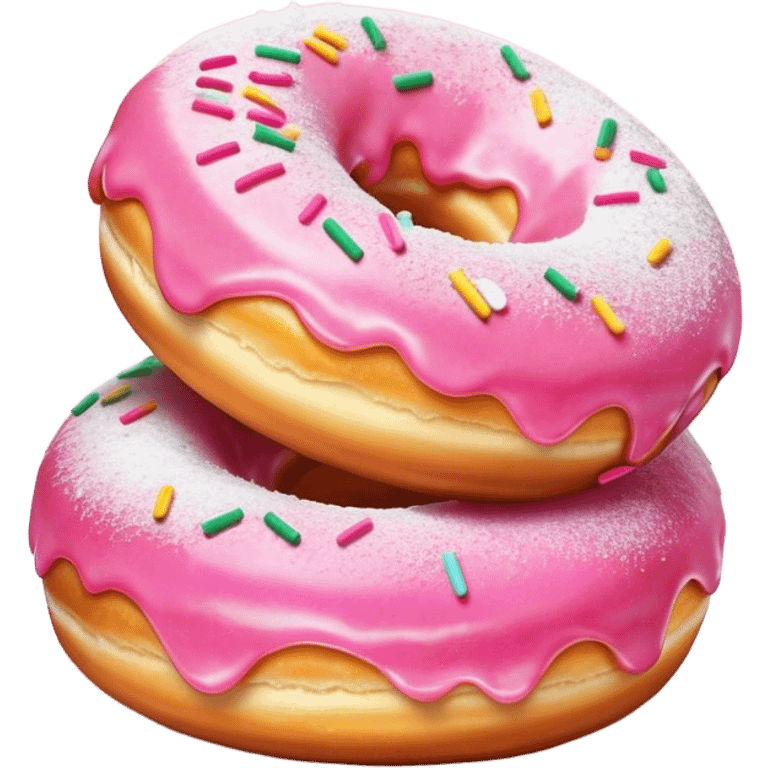 Cinematic fluffy donuts, perfectly golden and dusted with powdered sugar, vibrant icing with sprinkles, stacked in a playful arrangement, soft glowing highlights, warm and inviting. emoji