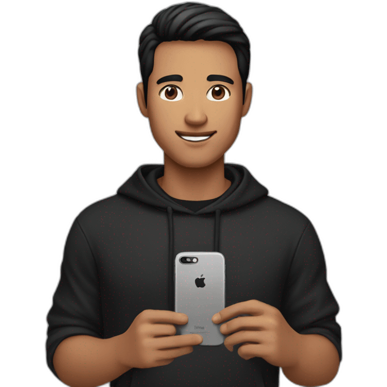 A man wearing a black hoodie, short black hair, and brown eyes, holding an iPhone 15 Pro in his hand emoji