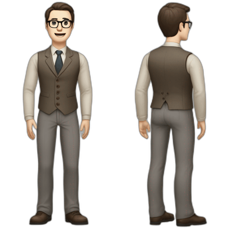 Full height Pale skinned Fit Man With dark brown hair in gray jacket, vest, tie, beige office shirt, Brown pants and vintage glasses. Thrumbs of his palms directed up emoji