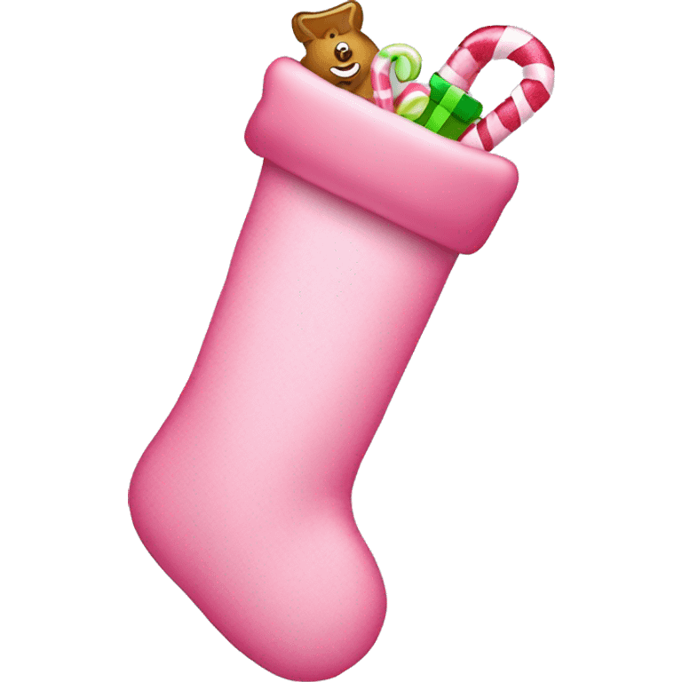 Pink stocking with cute candy canes and small toys peeking out emoji